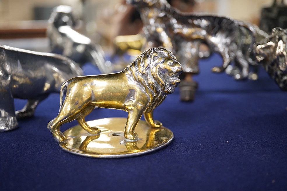 Four lion and big cat related brass and chrome car mascots/figures, consisting of two lions, a tiger and another, possibly a panther. Condition - fair, some losses to chrome.